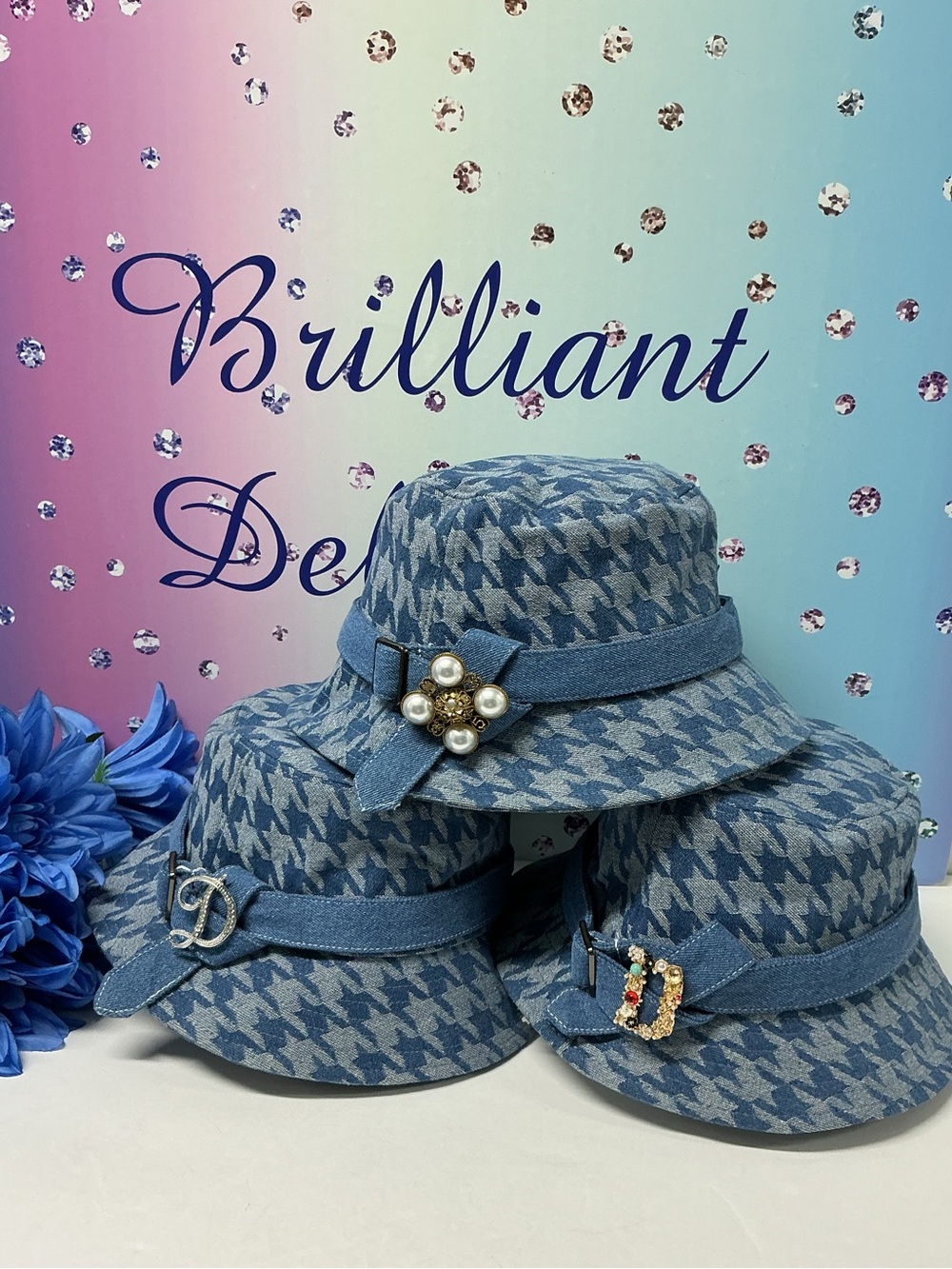 🩵OOAK DENIM HOUNDSTOOTH BUCKET HAT